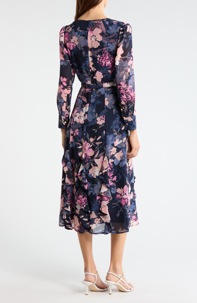 Tahari ASL Floral Belted Ruffle Hem Midi Dress, Alternate, color, Navy Peri Floral