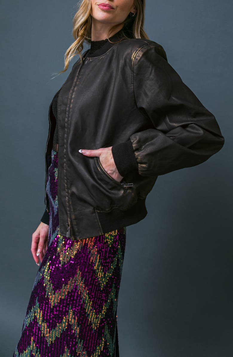 FLYING TOMATO My Greatest Joy Faux Leather Bomber Jacket, Alternate, color, Dark Brown