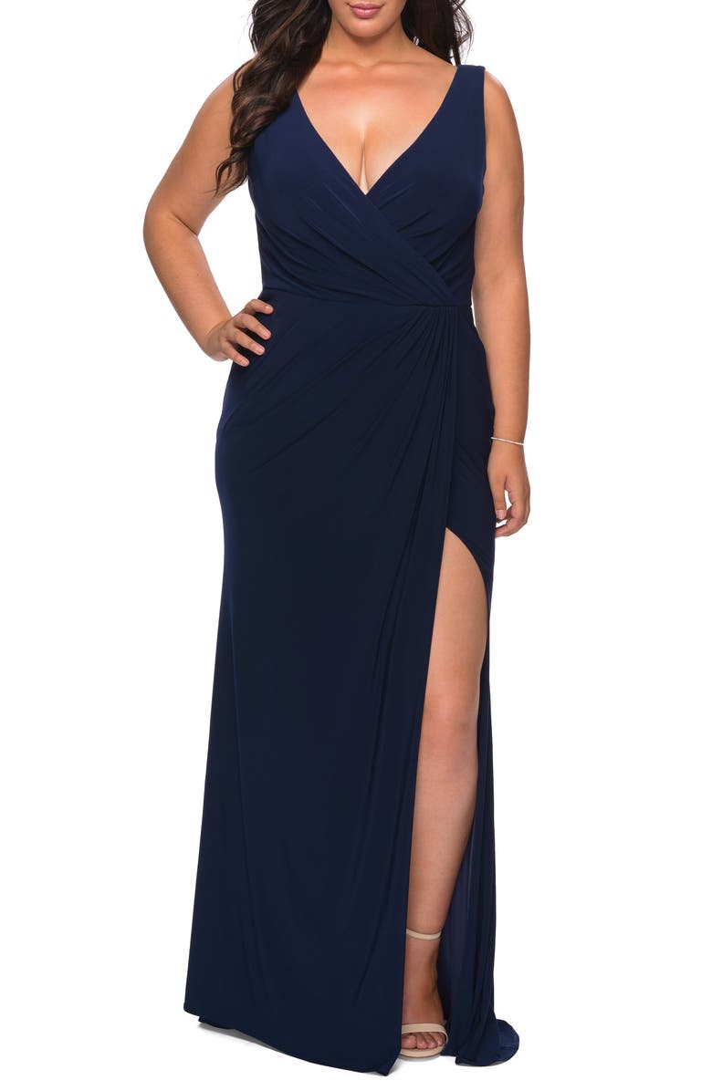 La Femme Slit Jersey Gown, Main, color,