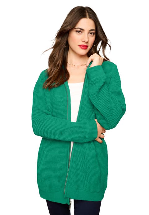 Plus Size Waffle Knit Zip Front Relaxed Hoodie