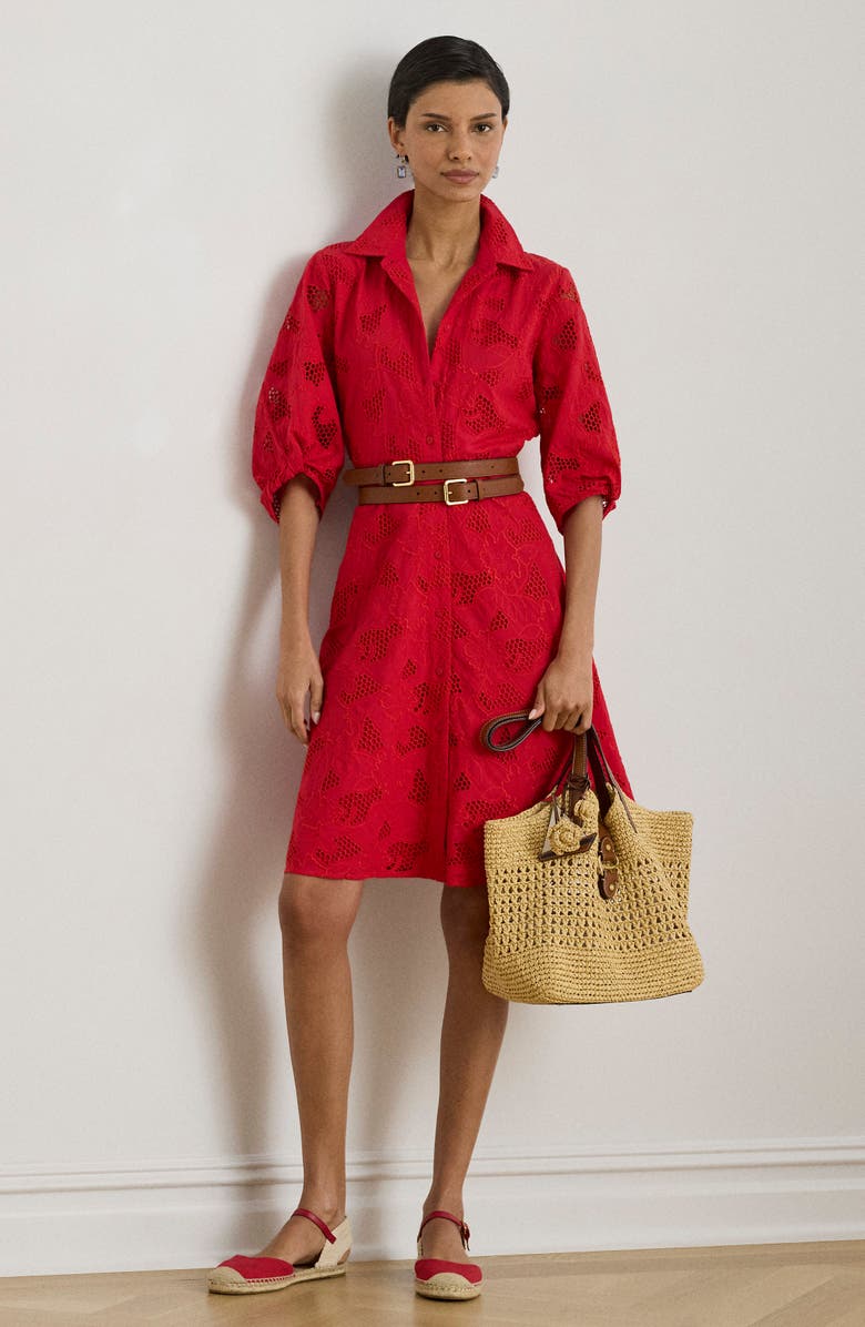 Lauren Ralph Lauren Eyelet Cotton Voile Shirtdress, Alternate, color, Cruise Red