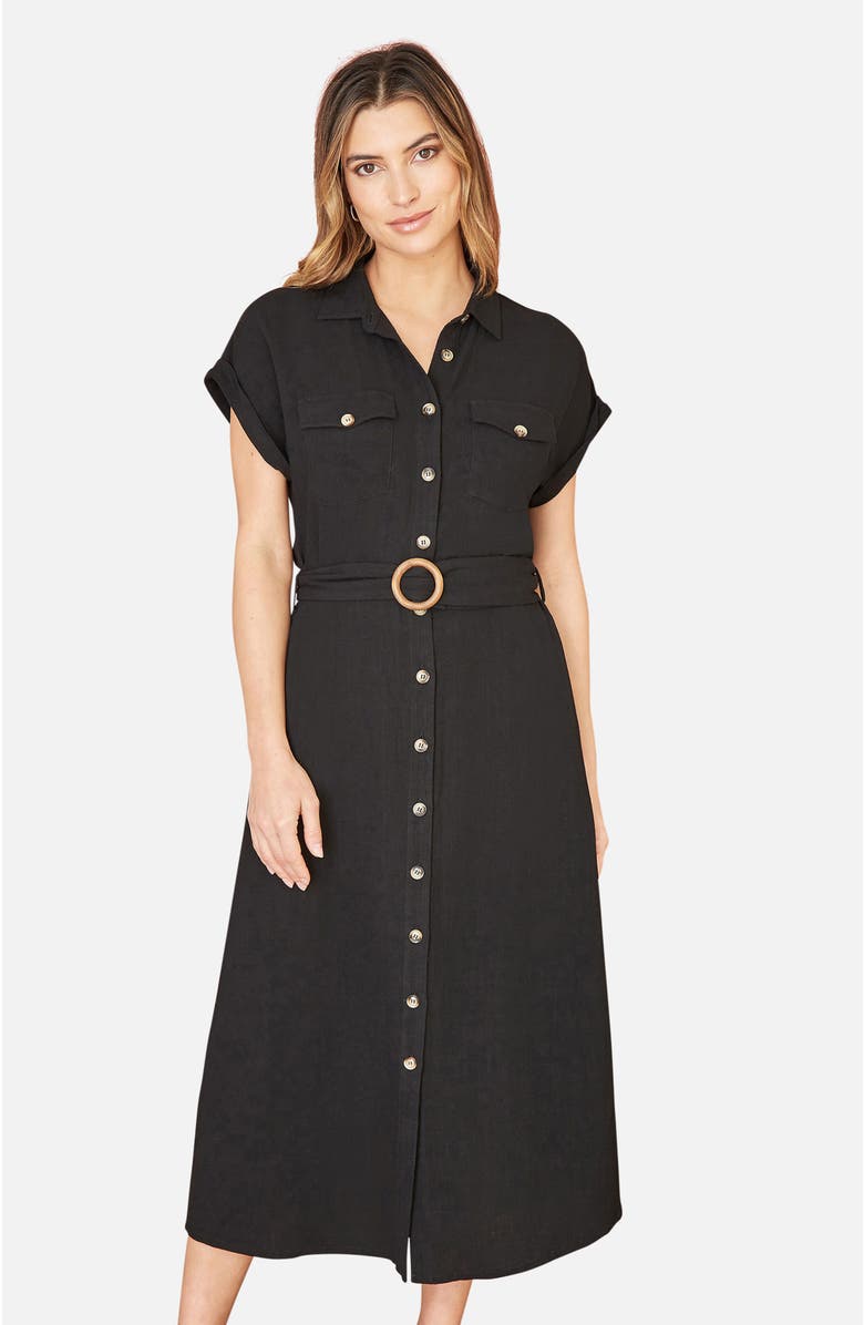 Yumi Viscose Linen Look Midi Shirt Dress, Alternate, color, Black