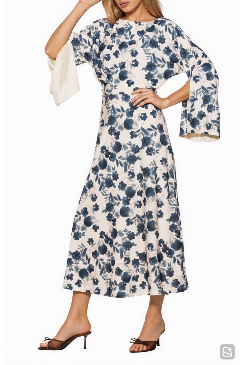 Cleo Boat Neck Trumpet Sleeve Midi Dress, Alternate, color, IVORY WATERCOLOR