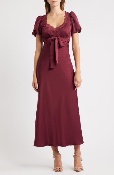 Puff Sleeve Lace Trim Maxi Dress