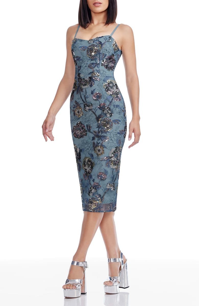 Dress the Population Blakely Floral Embroidery Midi Dress, Alternate, color, Graphite Blue Multi