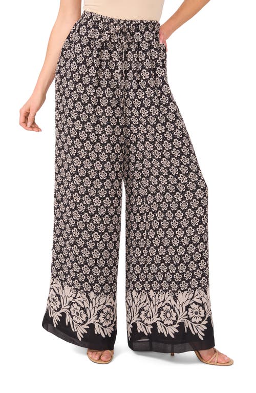 Cece Print Wide Leg Drawstring Pants In Rich Black