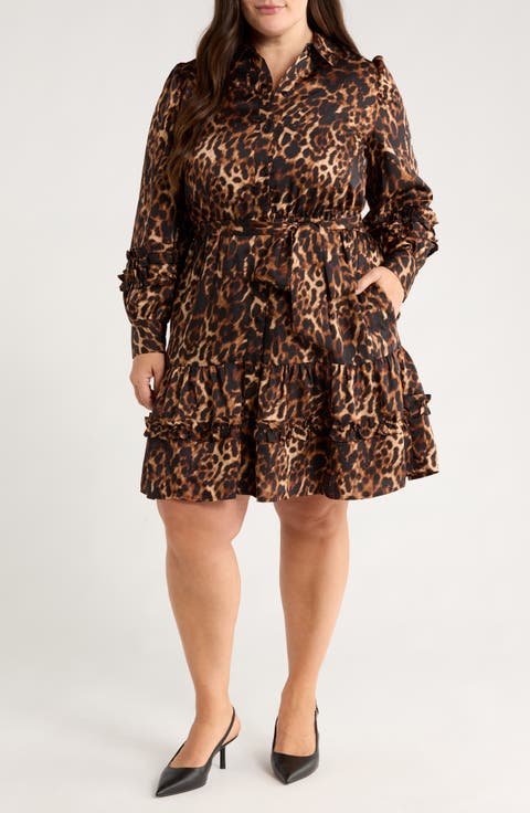 Leopard Tie Waist Long Sleeve Shirtdress (Plus)