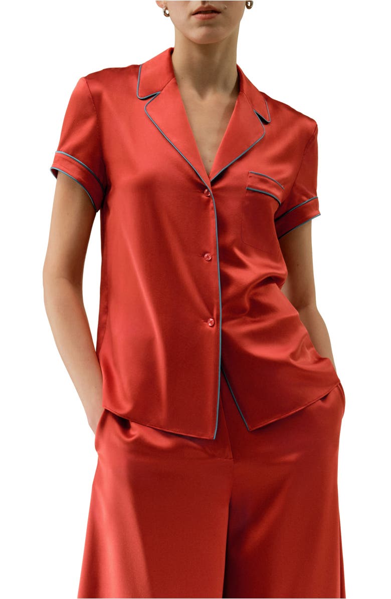 Lilysilk Lsxes Contrast-Trimmed Silk Shirt, Main, color, Brick Red