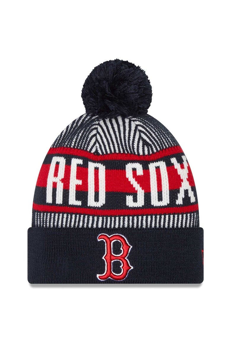 Men's New Era Navy Boston Red Sox Striped Cuffed Knit Hat with Pom, Main, color, Navy