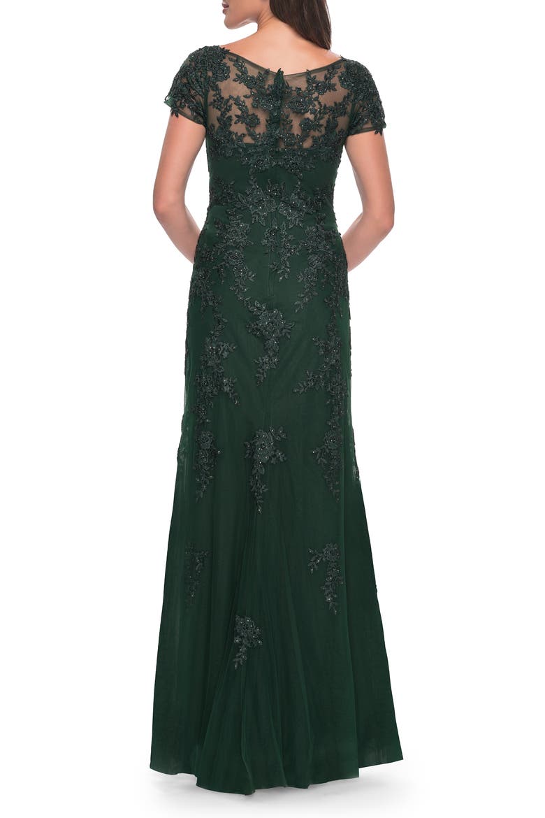 Lace and Net Fitted Long Mother of the Bride Dress, Alternate, color, Dark Emerald