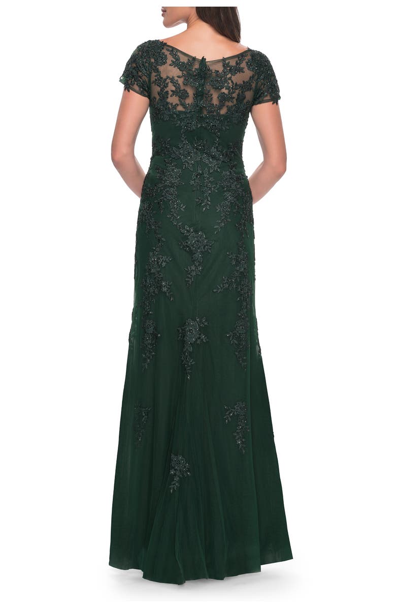 La Femme Lace and Net Fitted Long Mother of the Bride Dress, Alternate, color, Dark Emerald