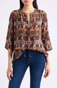 APNY Print Tassel Split Neck Chiffon Top