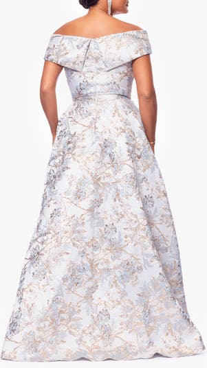 Metallic Floral Brocade Off the Shoulder Ball Gown