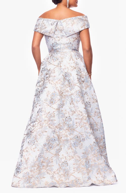 Xscape Evenings Metallic Floral Brocade Off The Shoulder Ball Gown In Blue/gold