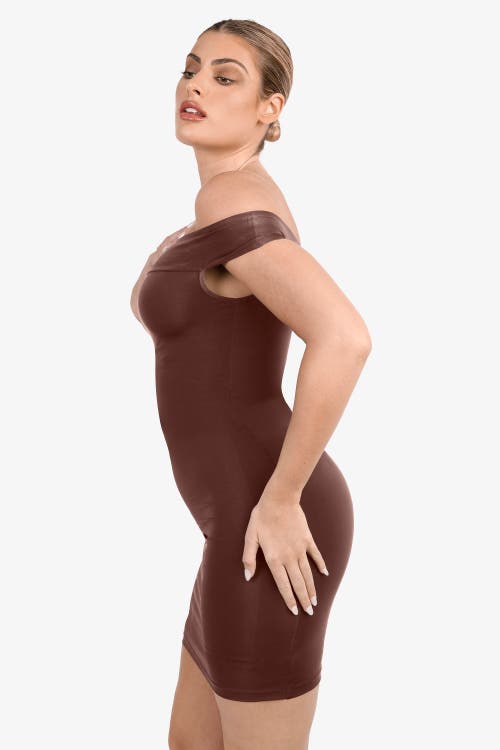 Popilush Shapewear Off-the-shoulder Bodycon Mini Dress In Deep Coffee