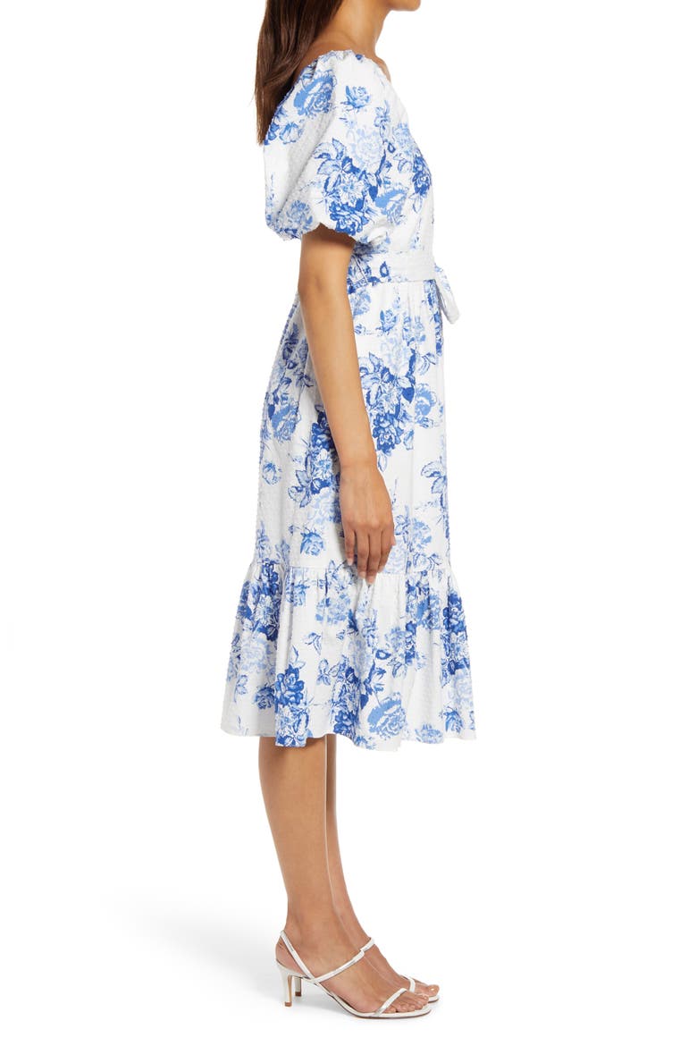 Toile Clip Dot Puff Sleeve Dress, Alternate, color, IVORY/ BLUE