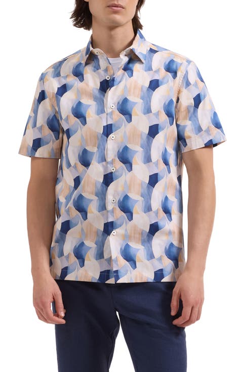 Vero Shaped Fit Abstract Print Short Sleeve Stretch Cotton Button-Up Shirt