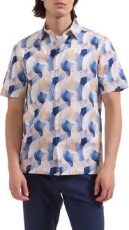 Bugatchi Vero Shaped Fit Abstract Print Short Sleeve Stretch Cotton Button-Up Shirt