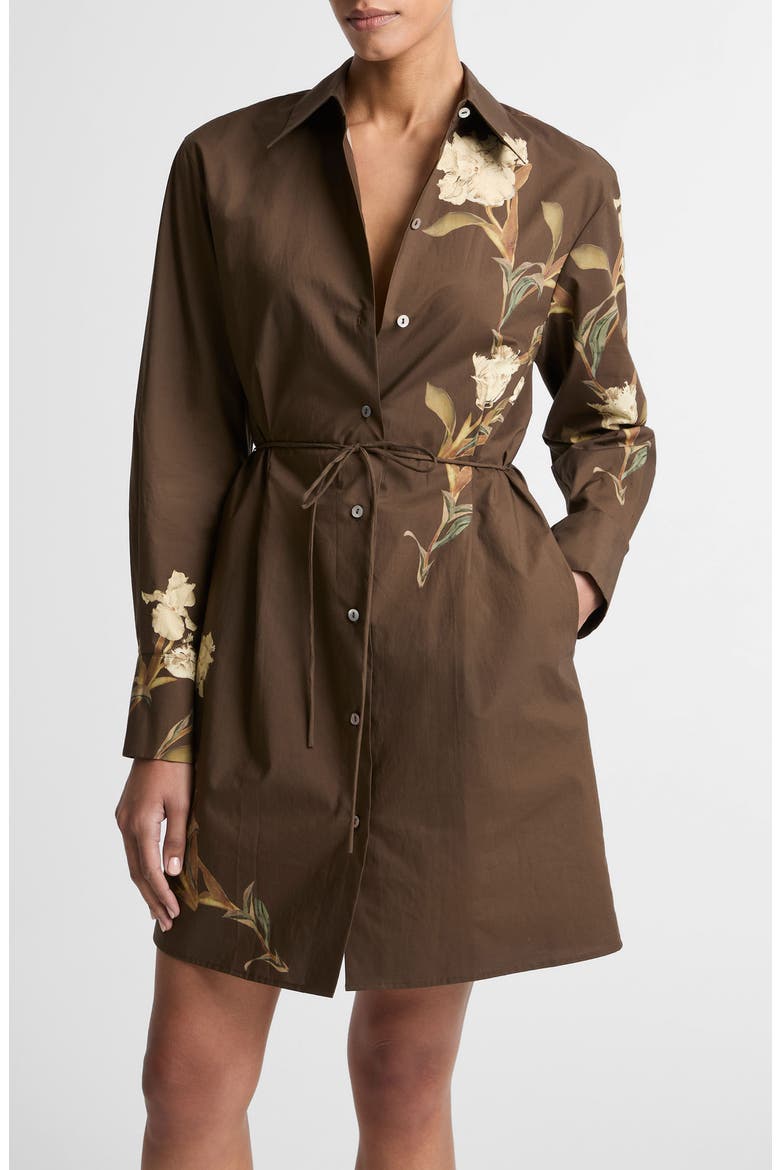Iris Floral Print Tie Waist Long Sleeve Shirtdress, Main, color, DARK BARK