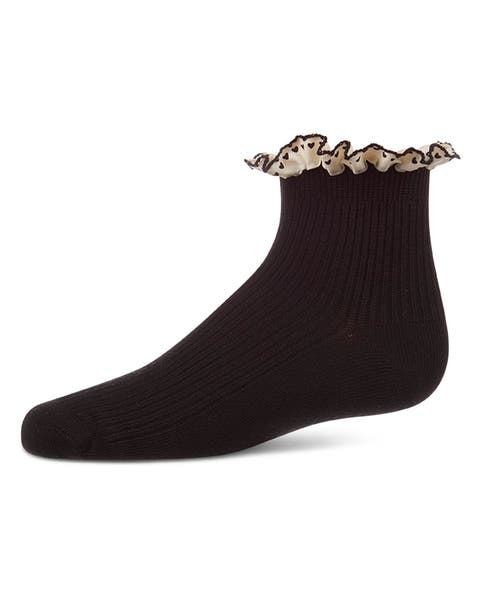Ribbed Ankle Sock with Heart -Print Lace-Trim Ruffle