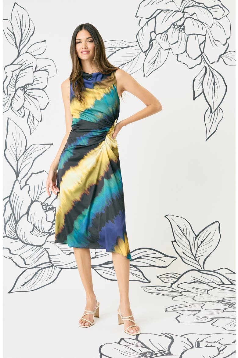 Ruched Asymmetric Hem Midi Dress, Alternate, color, NAVY/ WARM OLIVE