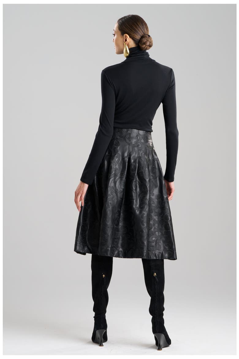 Leticia - Emb. Faux Leather Stitched Down Pleat Skirt, Alternate, color, BLACK