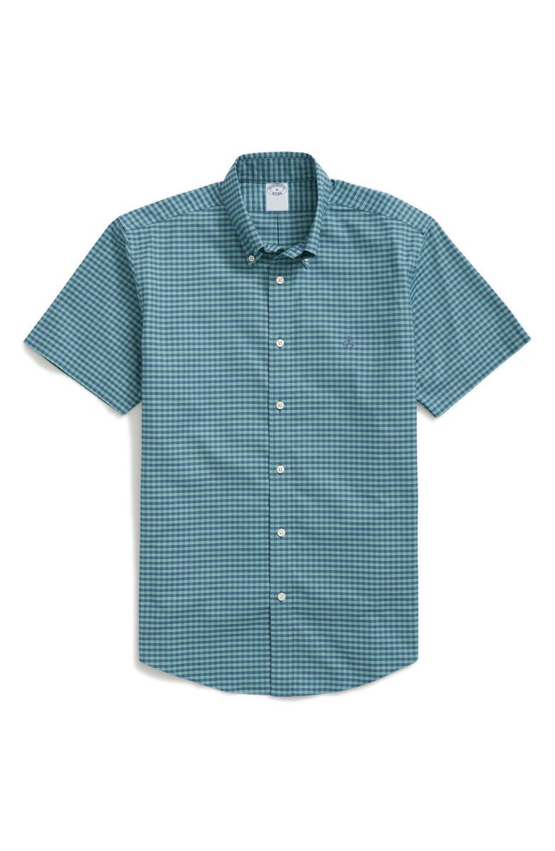 Brooks Brothers Regular Fit Gingham Check Non-Iron Short Sleeve Stretch Cotton Button-Down Oxford Shirt, Alternate, color, 