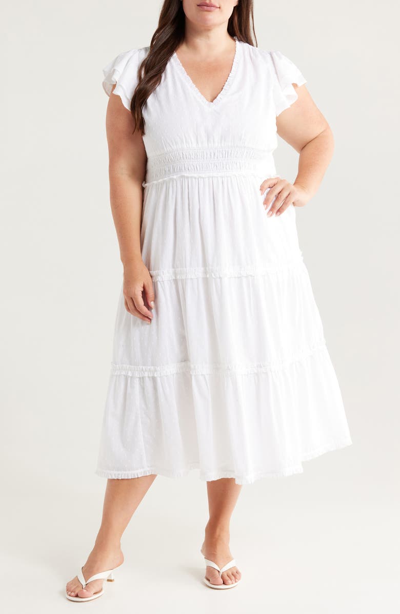 Chelsea28 Flutter Sleeve Clip Dot Tiered Midi Dress, Main, color, White