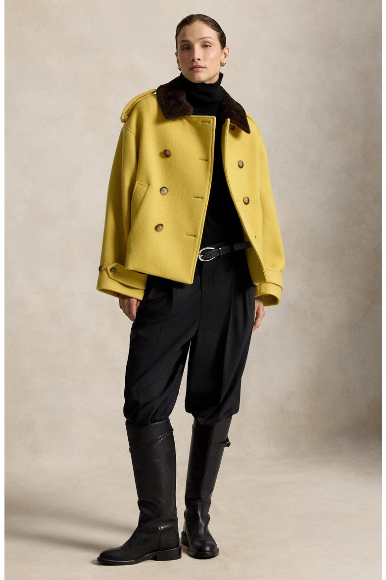 Double Breasted Coat with Genuine Shearling Collar, Alternate, color, YELLOW