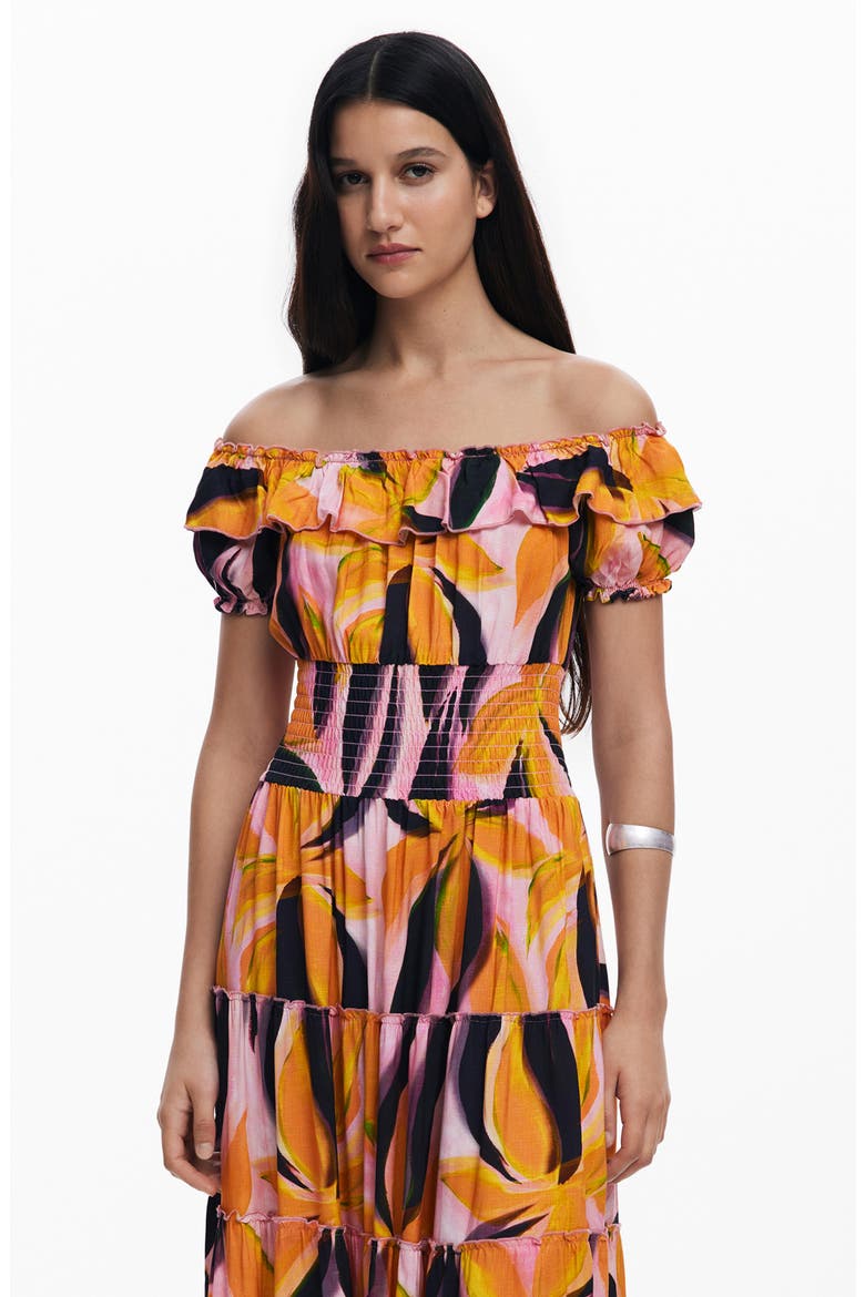 Abstract Print Off the Shoulder Tiered Midi Dress, Alternate, color, PINK MULTI