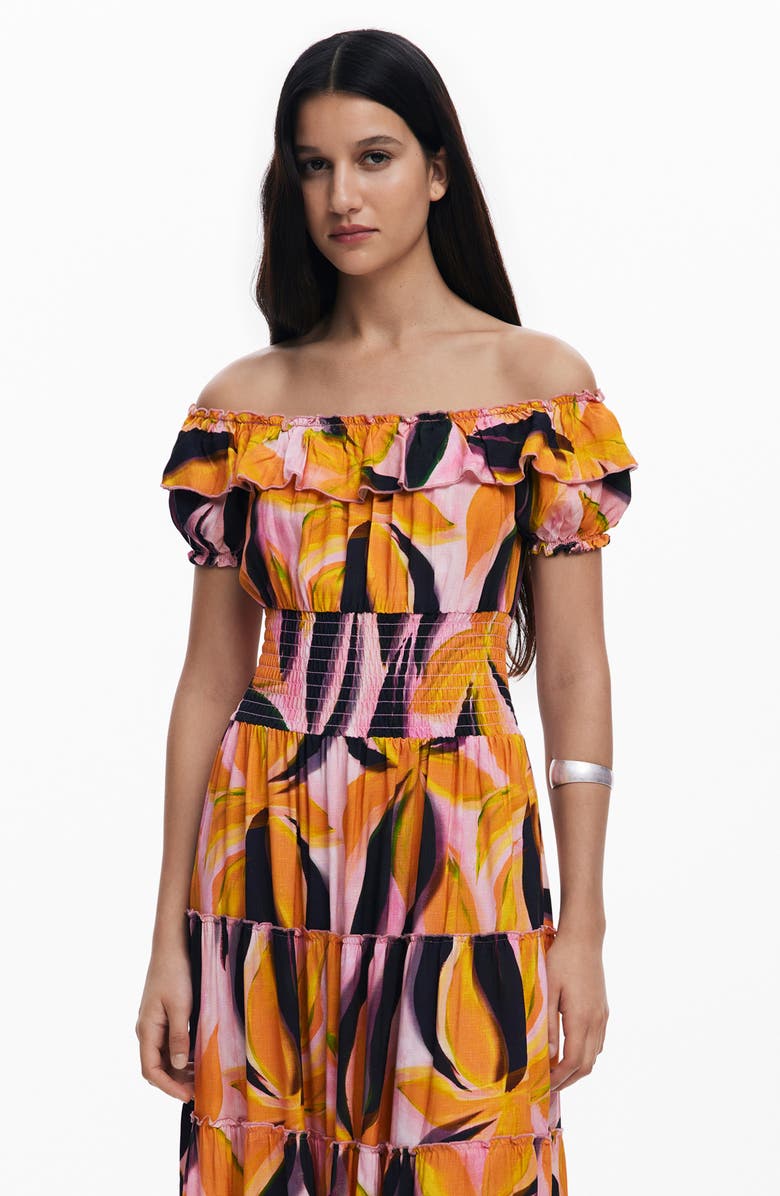 Desigual Abstract Print Off the Shoulder Tiered Midi Dress, Alternate, color, Pink Multi