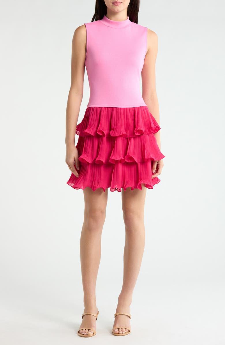 SUGARLIPS Haydri Colorblock Tiered Pleated Minidress, Main, color, Pink-Red