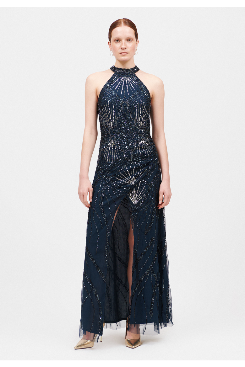 Occasion Embellished Sequin Beaded Halter Neck Evening Maxi Dress, Main, color, NAVY