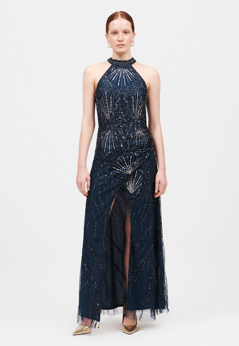 Occasion Embellished Sequin Beaded Halter Neck Evening Maxi Dress