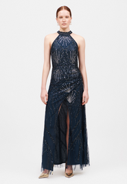 BEAUUT Occasion Embellished Sequin Beaded Halter Neck Evening Maxi Dress