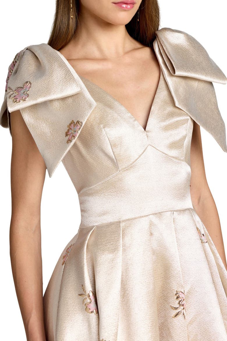 Brocade V Neck Gown With Bow Straps, Alternate, color, Champagne Multi