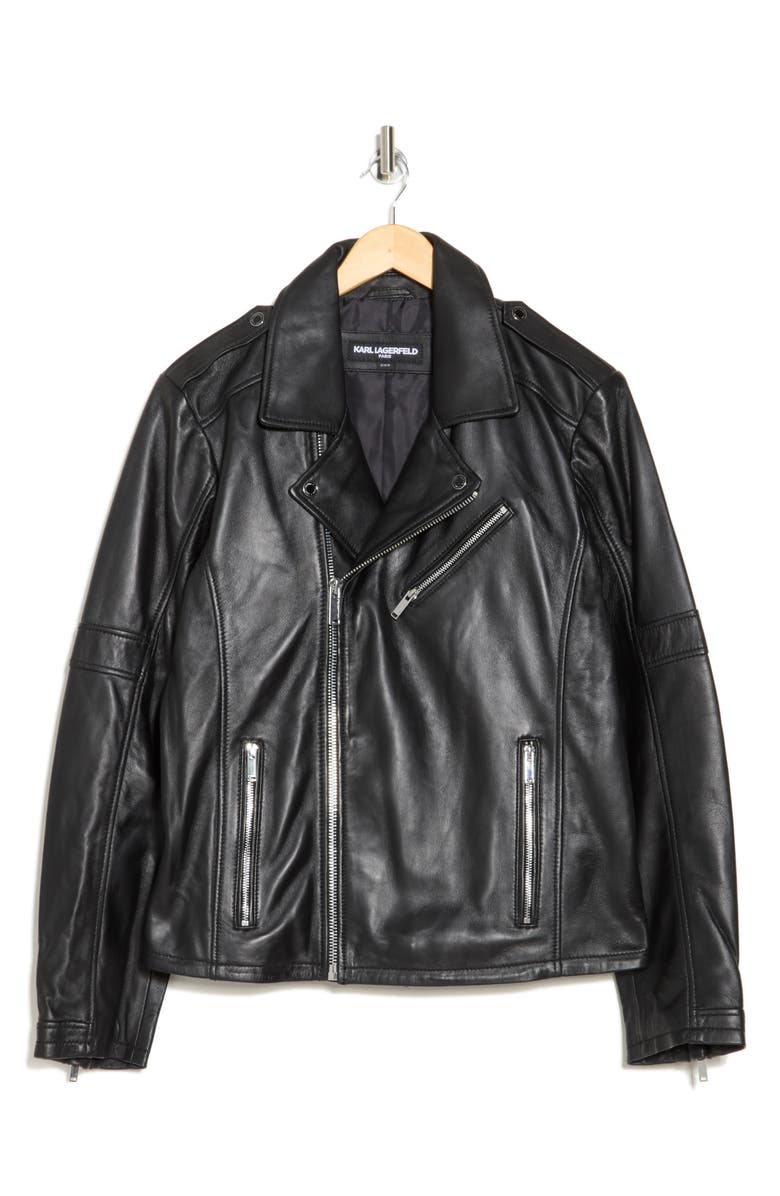 KARL LAGERFELD PARIS Leather Moto Jacket, Alternate, color, Black