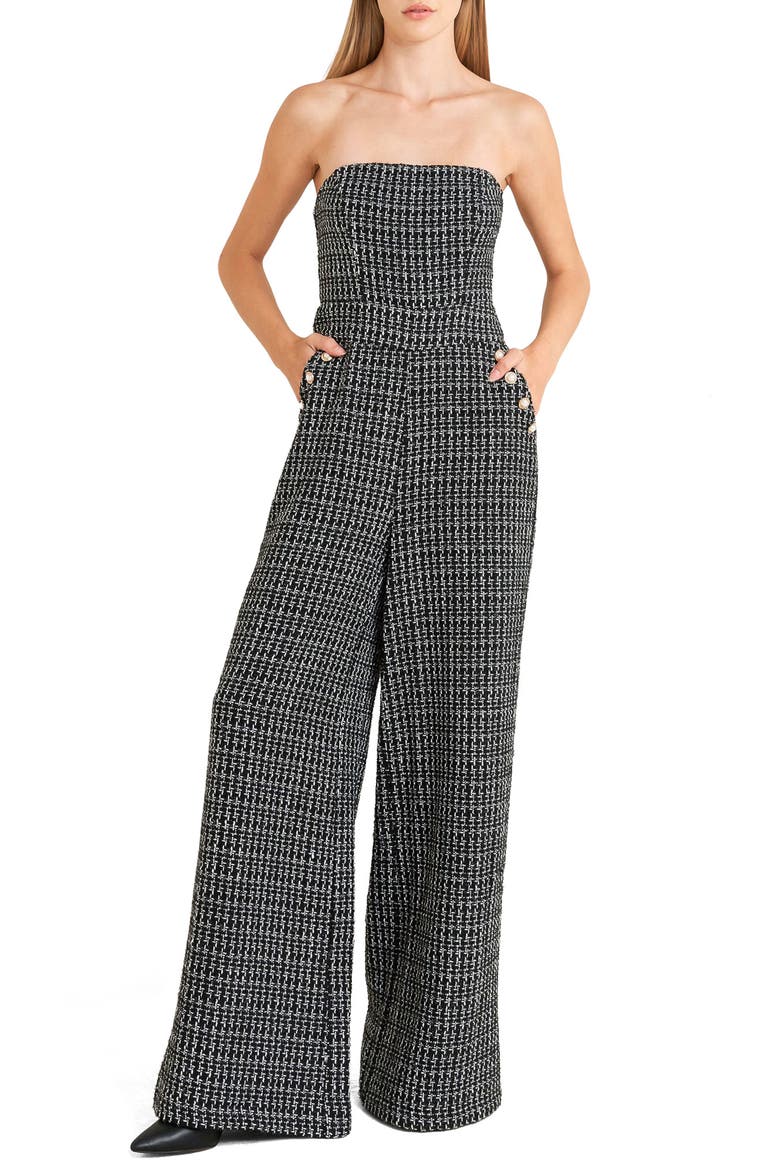 Strapless Tweed Wide Leg Jumpsuit, Main, color, BLACK
