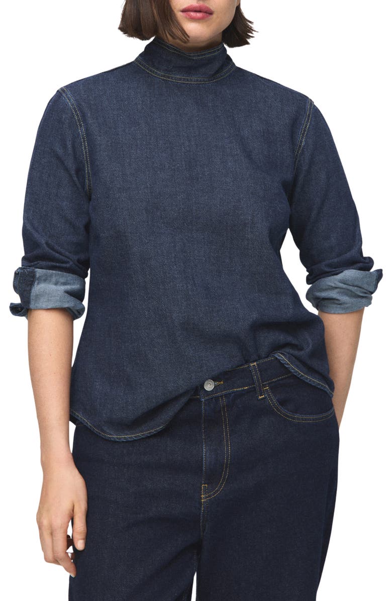 MANGO Tie Neck Denim Button-Up Shirt, Alternate, color, Dark Blue