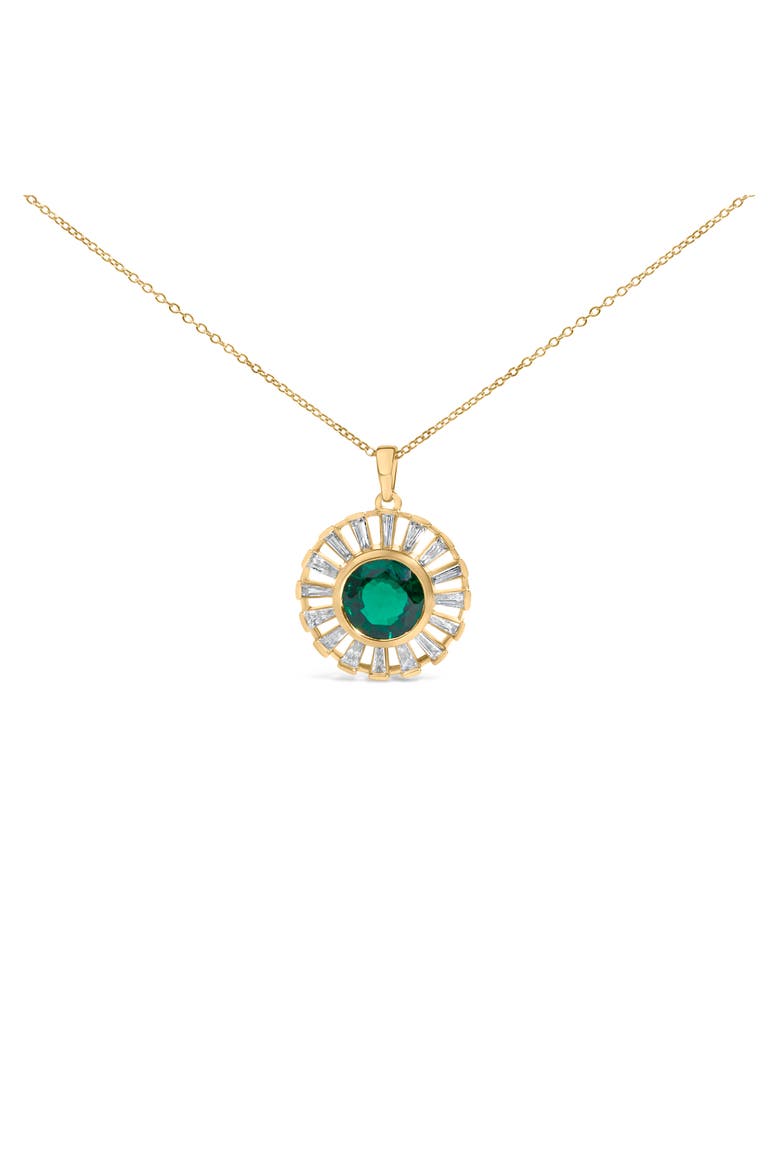 14K Yellow Gold Plated Sterling Silver Lab Grown Emerald and Baguette Diamond Sunburst Medallion Pendant Necklace, Main, color, Yellow Gold over Silver