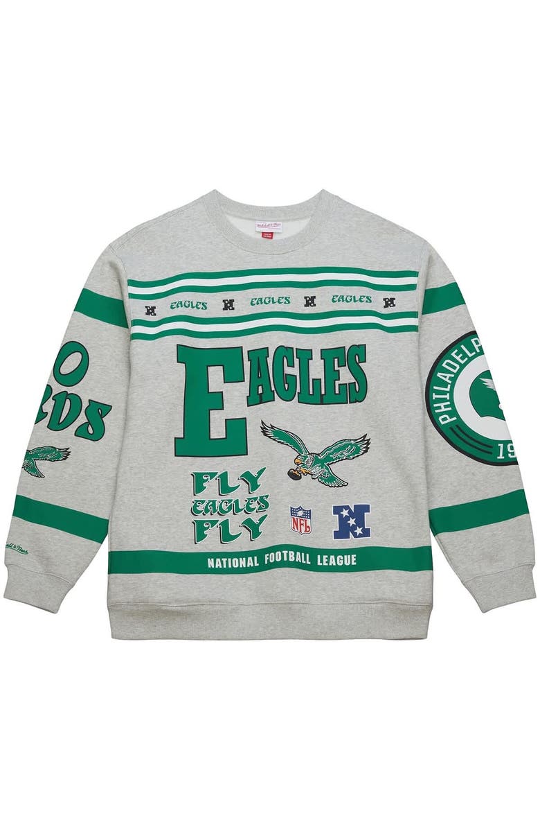 Mitchell & Ness Men's Mitchell & Ness Heather Gray Philadelphia Eagles All Over Print Vintage Fleece Crewneck Sweatshirt, Alternate, color,