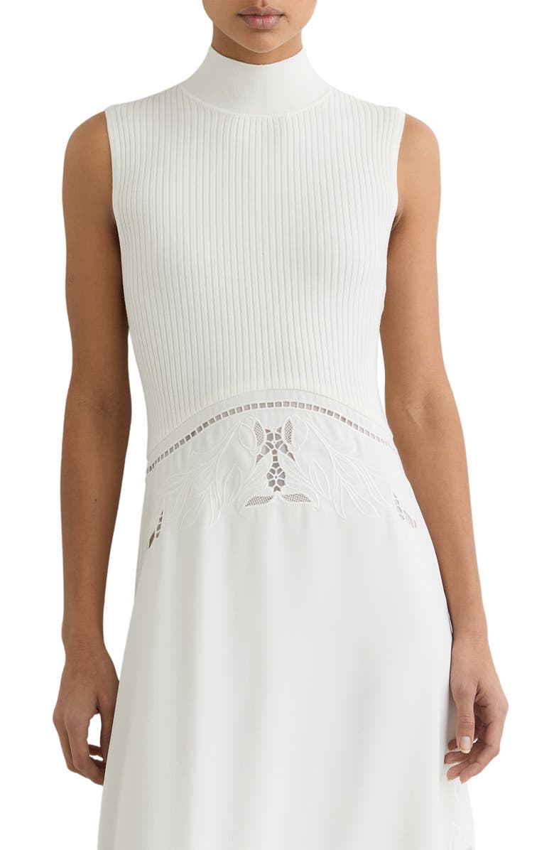 Reiss Phoenix Mixed Media Embroidered Eyelet Detail Dress, Alternate, color, Ivory