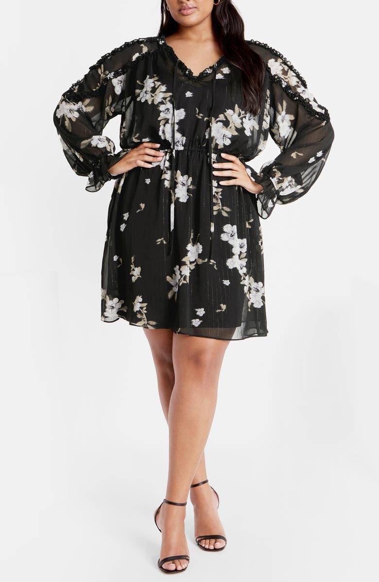 City Chic Nina Print Metallic Long Sleeve Dress, Main, color, Floral