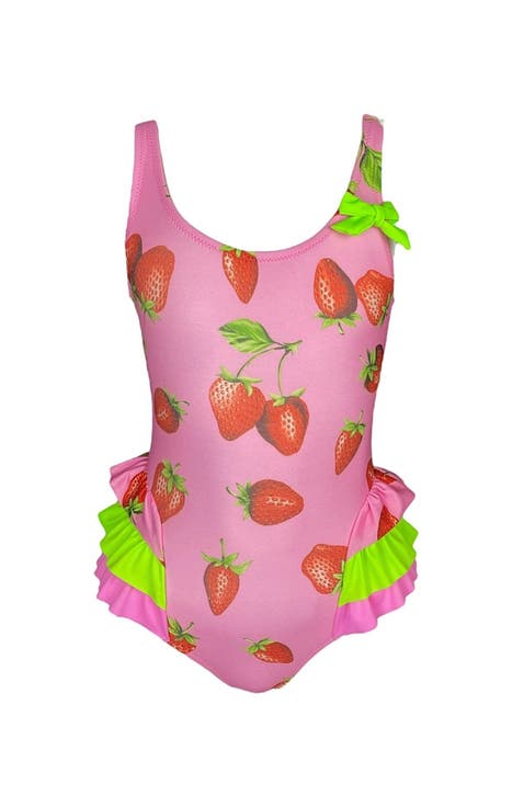 Kids' Strawberry Print Ruffle One-Piece Swimsuit