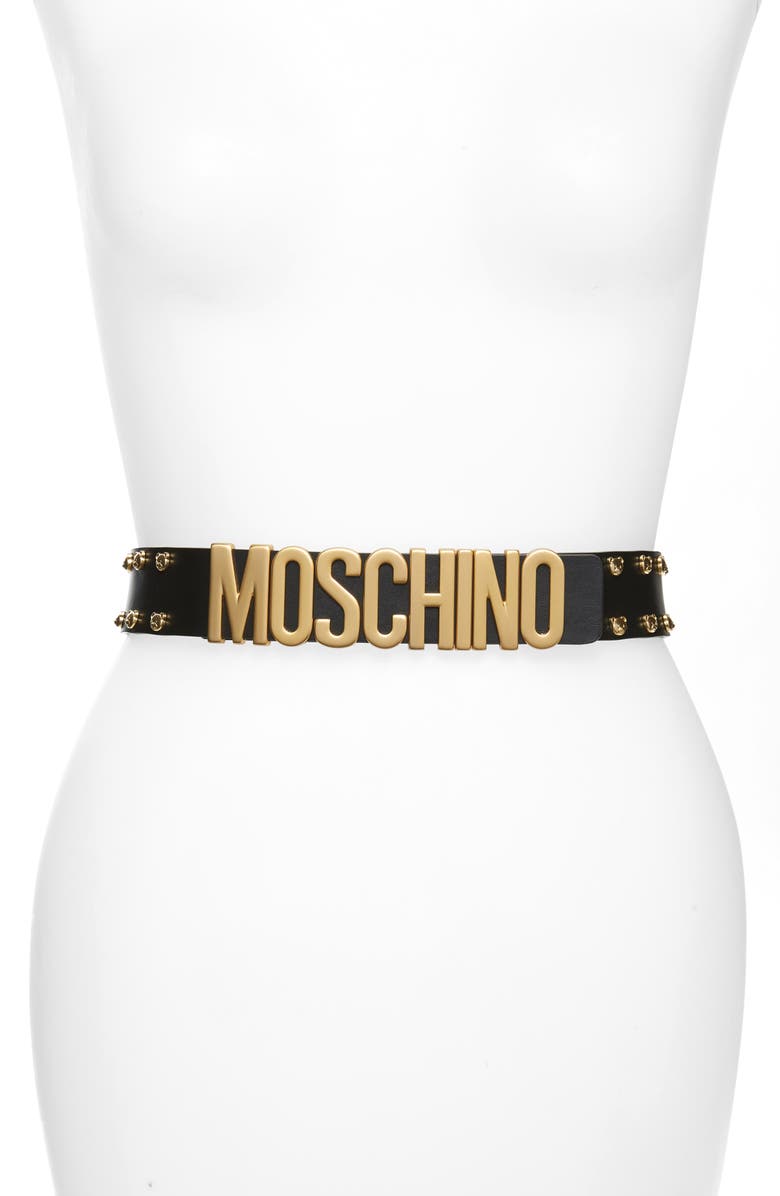 Moschino Logo Plate Studded Belt, Main, color,