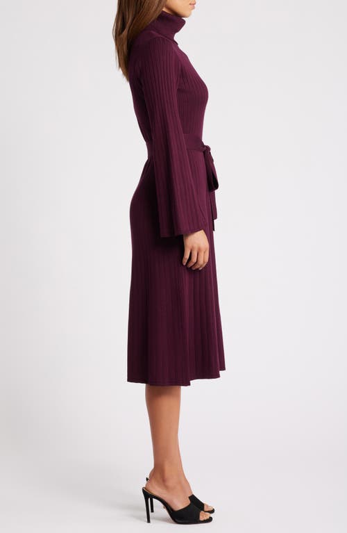 Julia Jordan Turtleneck Long Sleeve Rib Midi Sweater Dress In Wine
