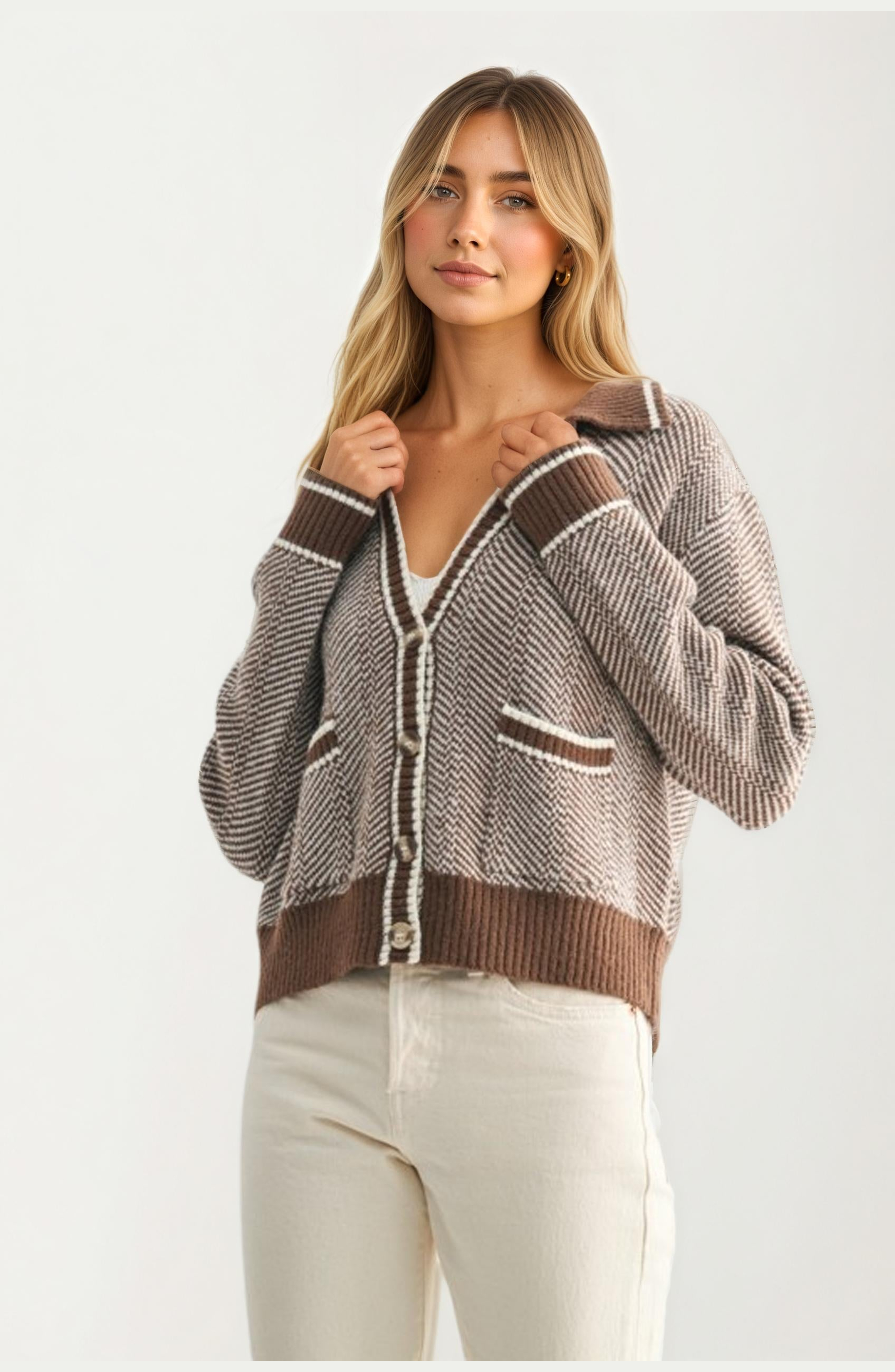 Contrast Trim Cropped Button-Front Cardigan