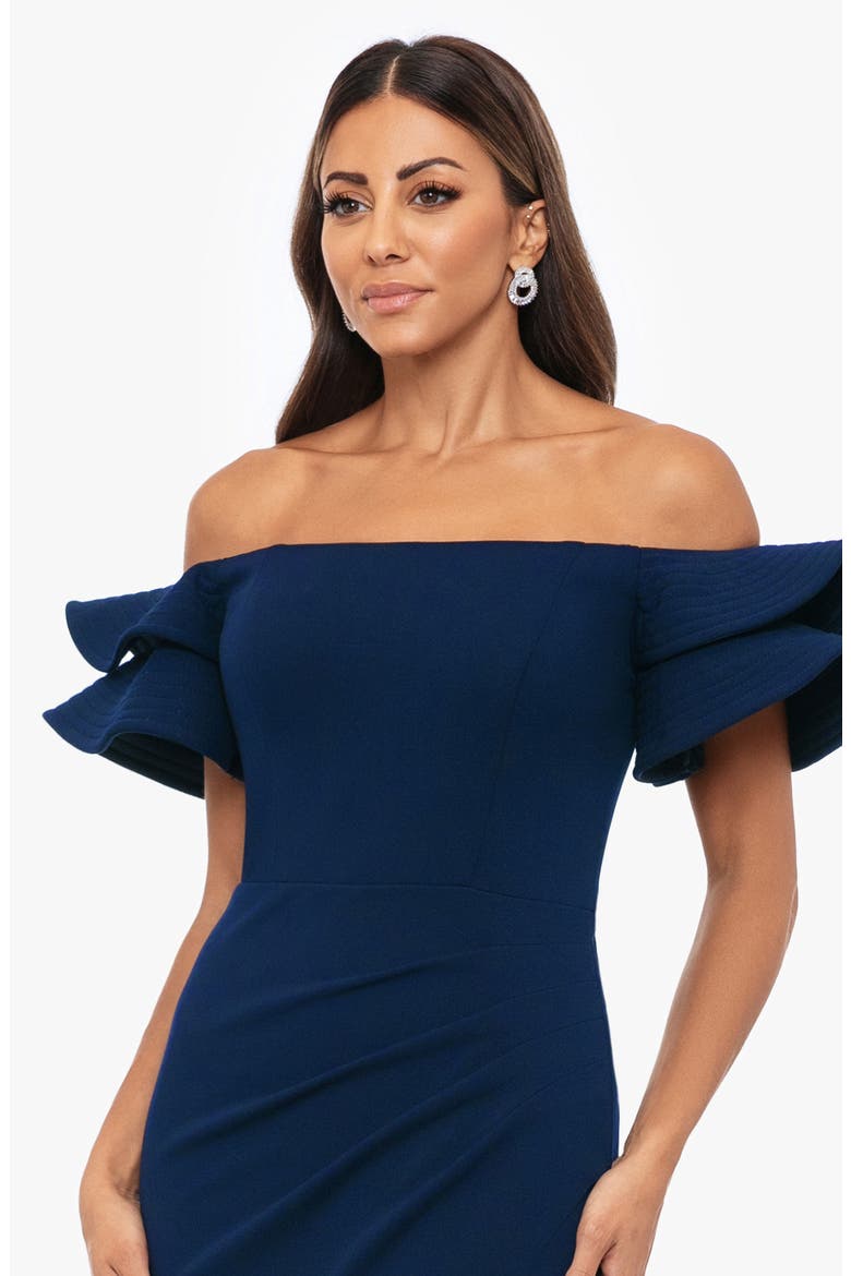 Ruffle Sleeve Off the Shoulder Scuba Crepe Sheath Gown, Alternate, color, NAVY