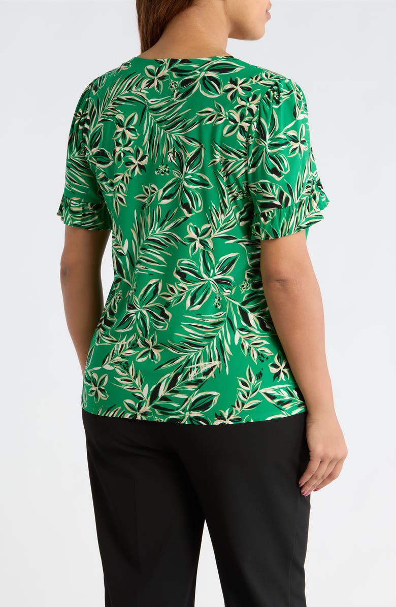 AK ANNE KLEIN Tropical Floral V-Neck Button-Up Knit Top, Alternate, color, Tropical Green Multi