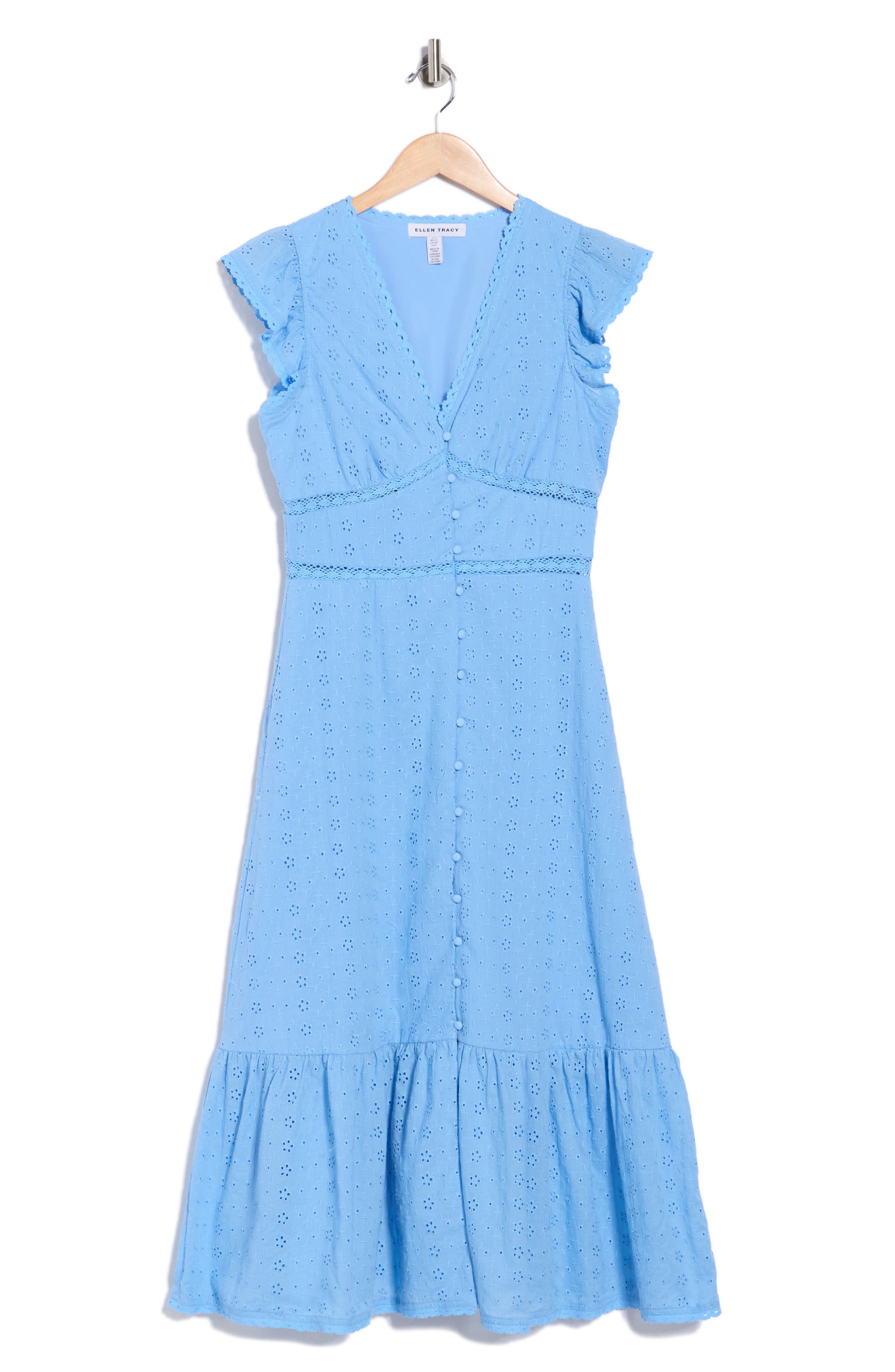 Ellen Tracy Embroidered Eyelet Cap Sleeve Cotton Poplin Midi Dress